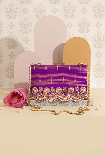 Purple woven embroidered box clutch