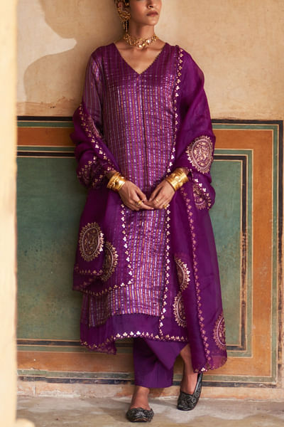 Purple woven striped kurta set