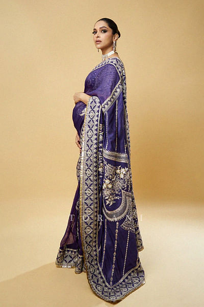 Purple zari embroidered sari set