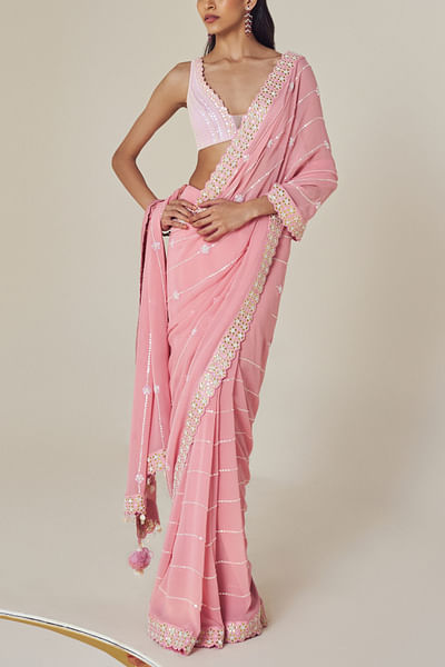 Quartz pink floral embroidered sari set