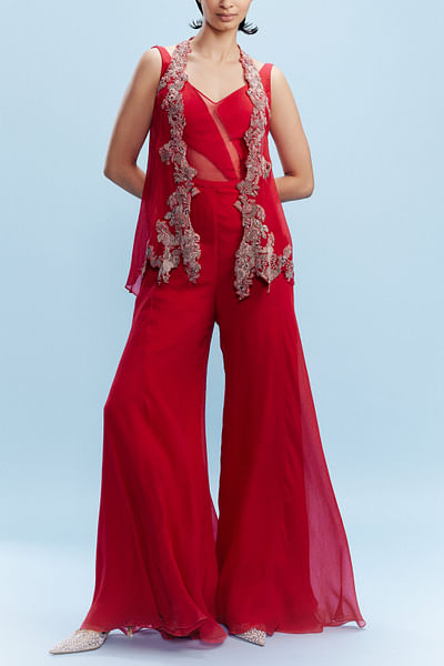 Radiant red embroidered shrug and jumpsuit