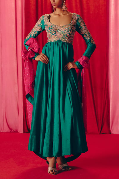 Rama green floral embroidered anarkali set