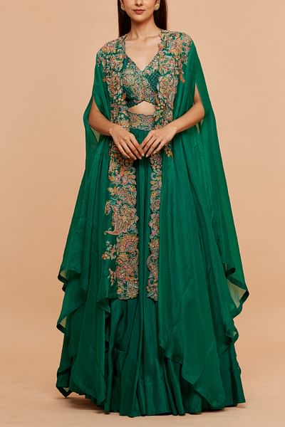 Rama green paisley embroidery cape lehenga set