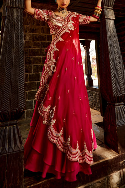 Rani pink and red layered lehenga set