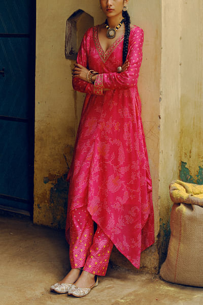 Rani pink bandhani printed kurta set