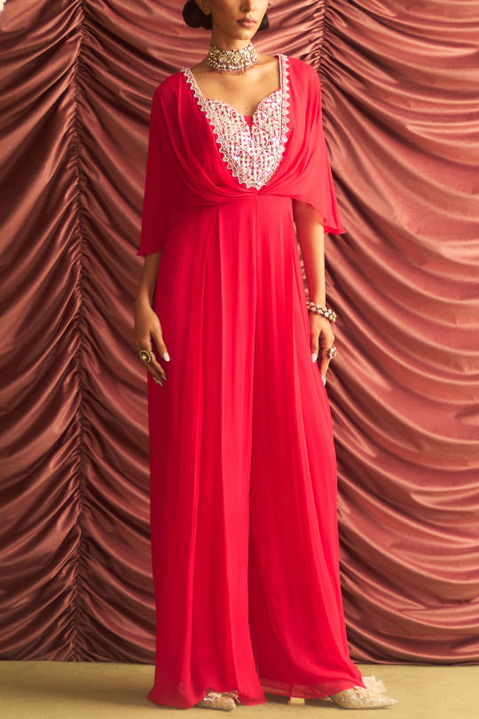 Buy Fuchsia printed jumpsuit by Tarun Tahiliani at Aashni and Co