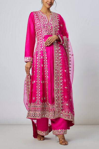 Rani pink embroidered anarkali set
