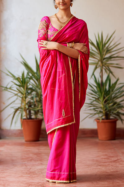 Rani pink embroidered sari set