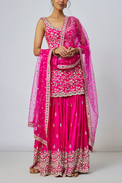 Rani pink embroidered short kurta set