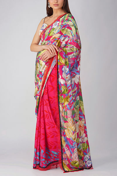 Rani pink floral and leaf print sari set