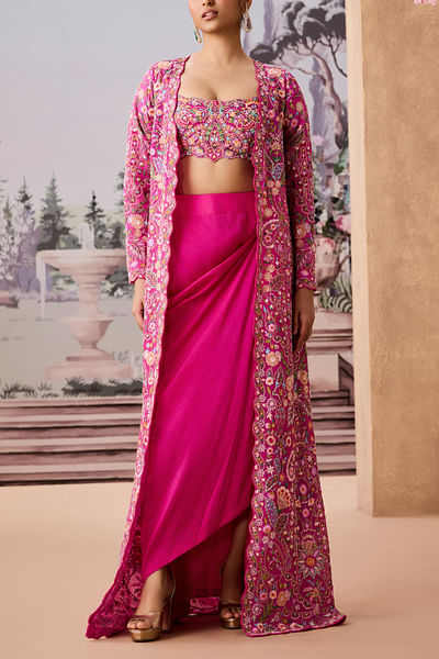 Rani pink floral embroidered jacket skirt set