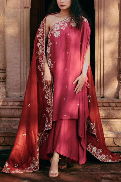 Rani pink floral embroidered one-shoulder co-ords