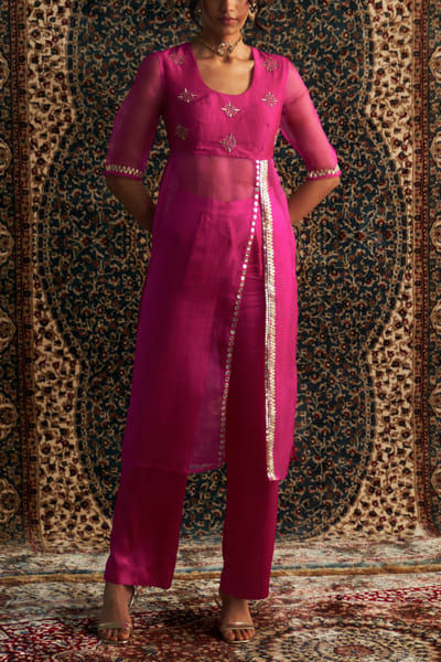 Rani pink gota embroidered slit kurta set