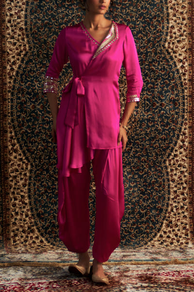 Rani pink gota embroidered wrap kurta set