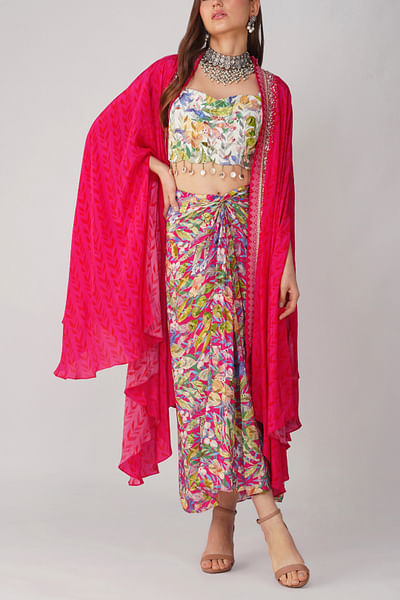 Rani pink leaf print cape and drape skirt set