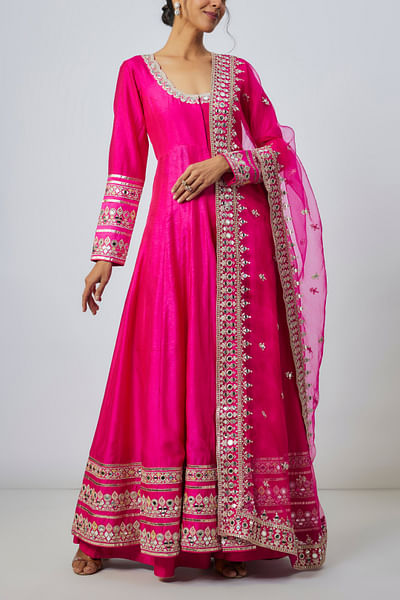 Rani pink mirror embroidered anarkali set