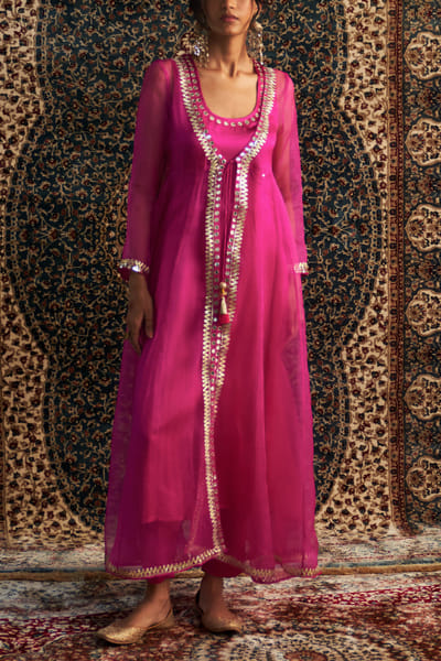 Rani pink mirror embroidered choga jacket set
