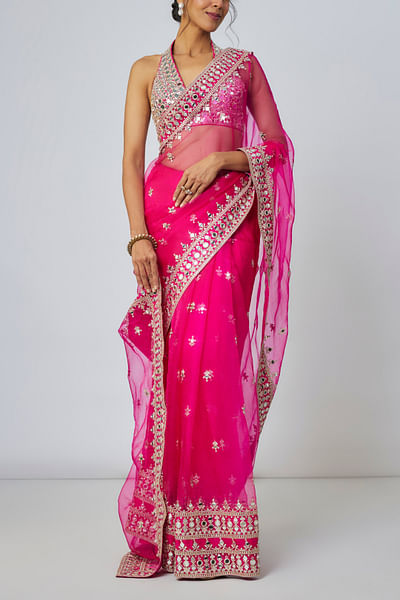 Rani pink mirror embroidered sari set