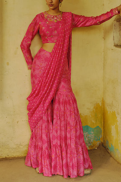 Rani pink pre-draped tiered sharara sari set