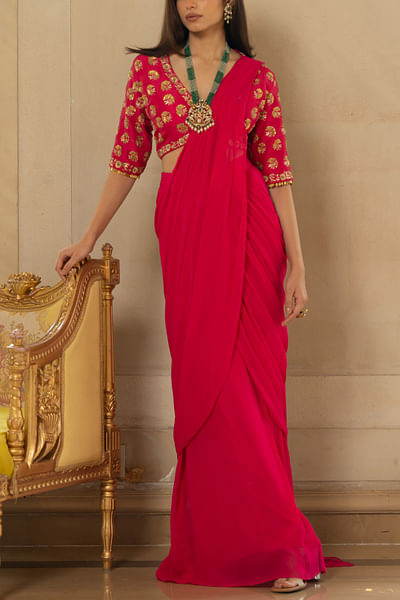 Rani pink pre-stitched sari set