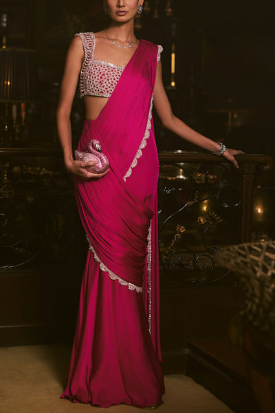 Rasberry scallop pre-draped sari set