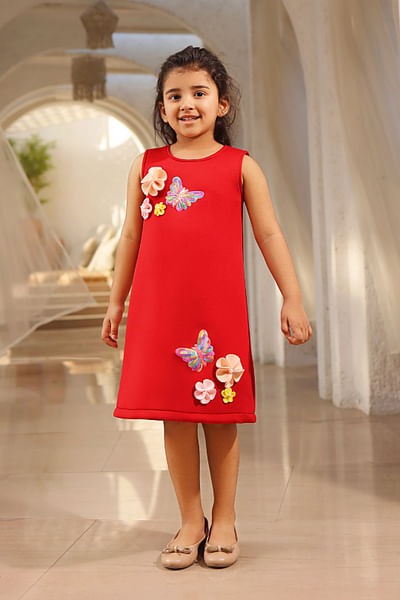 Red 3D floral and sequinned butterfly dress