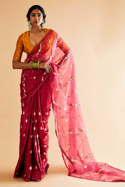 Red aari butti work sari