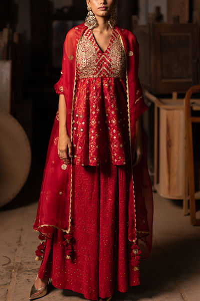 Red aari embroidered peplum kurta set