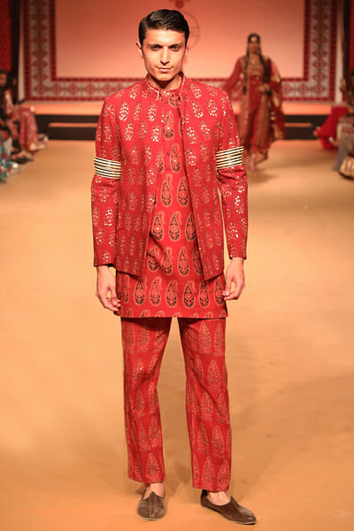 Red ajrakh print bandhgala jacket set