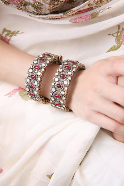 Preeti Mohan Red and antique gold polki and ruby kadas PRMAUG2444