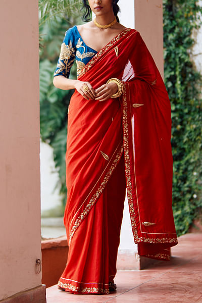 Red and blue embroidered sari set