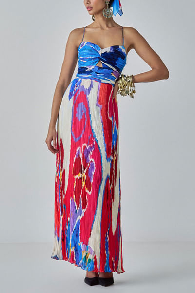 Red and blue ikat printed maxi dress