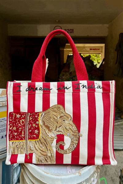 Red and gold elephant sequin stripe tote bag