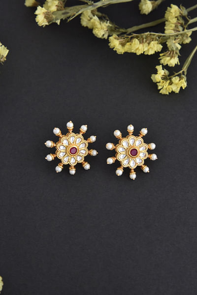 Red and gold floral kundan stud earrings