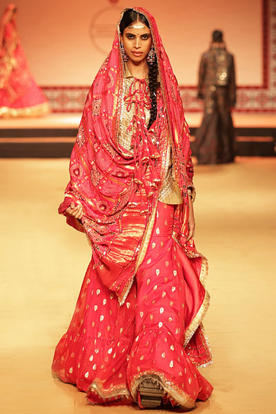 Red and gold motif woven gharara set