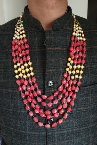Red and gold pearl beaded layered necklace