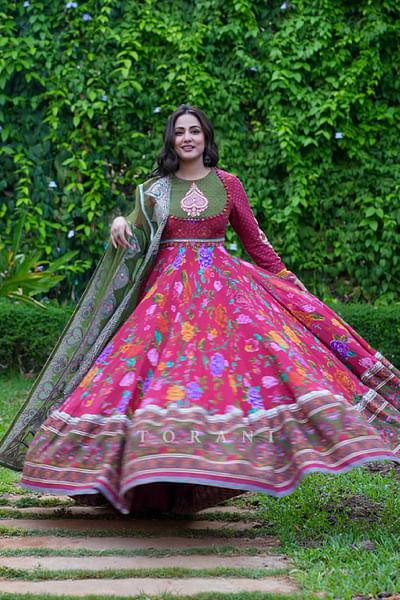 Red and green floral printed anarkali set