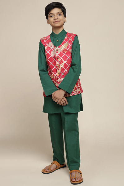 Red and green leaf print gota jacket kurta set