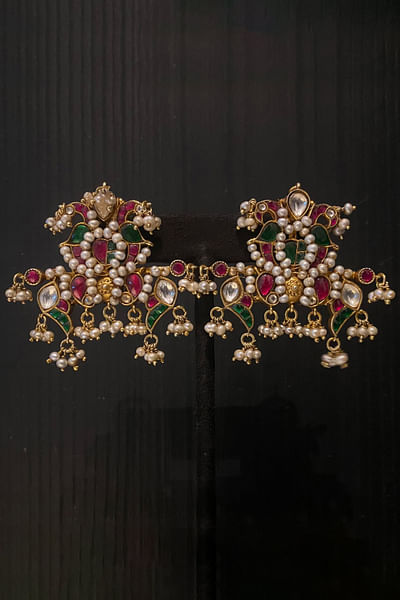 Red and green peacock kundan and pearl earrings