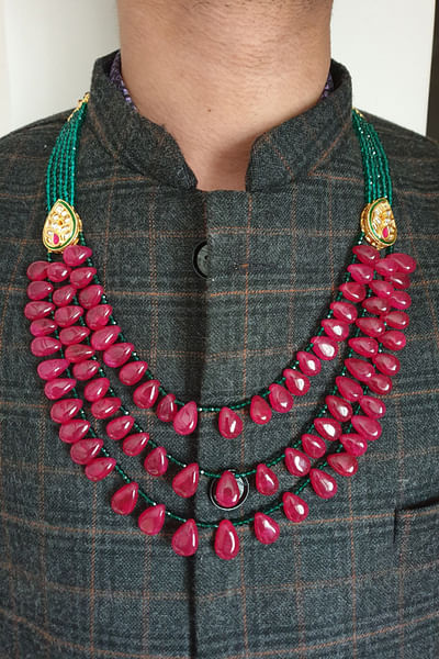 Red and green ruby and kundan layered necklace