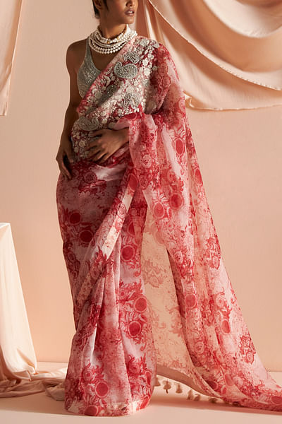 Red and ivory floral printed sari set
