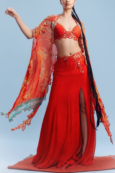Red and orange abstract print cape and skirt set