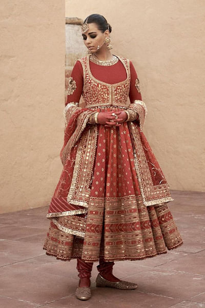 Red and orange embroidered anarkali set