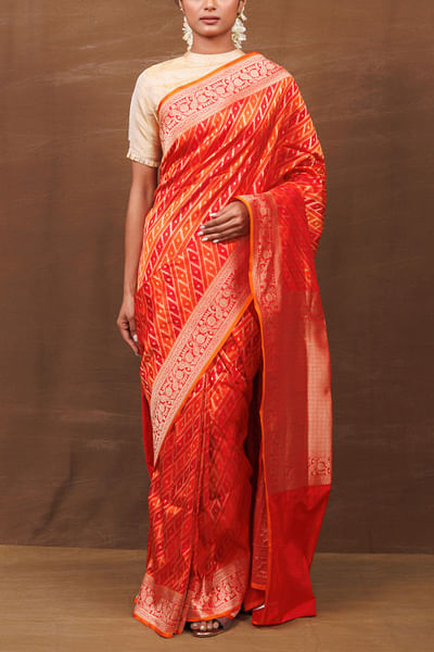 Red and orange handwoven banarasi silk sari