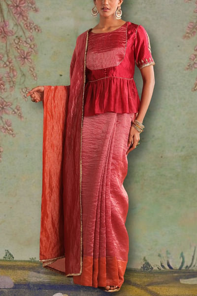 Red and orange woven striped sari set