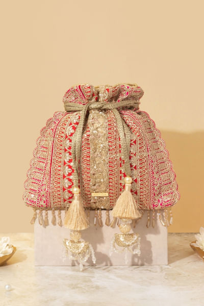 Red and pink embroidered potli bag