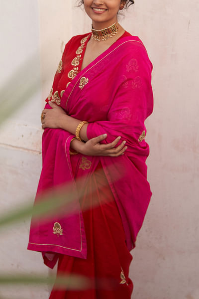 Red and pink embroidered sari set