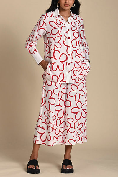 Red and white floral printed co-ords