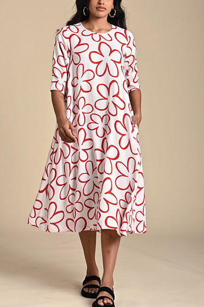 Red and white floral printed dress