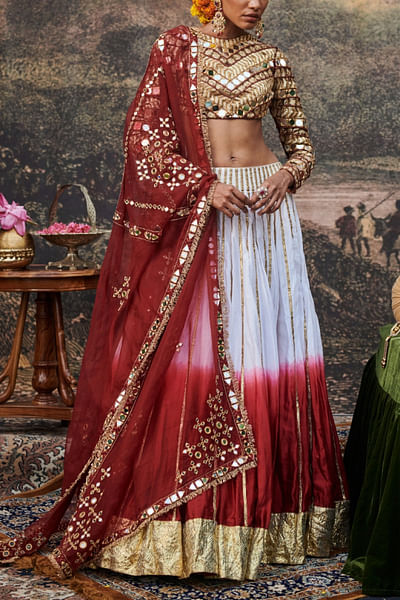 Red and white ombre lehenga set